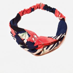Navy Blue with Pink Flowers Cotton Crisscross Headband