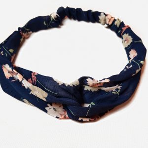 Navy Blue with Pink and Grey Flowers Cotton Crisscross Headband