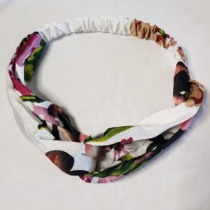 Silk Satin White with Lilac and Brown Flowers Boho Floral Crisscross Headband