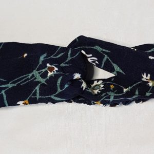 Navy Blue with White Flowers and Green Leaves Cotton Crisscross Headband