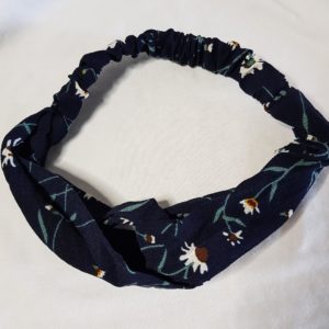 Navy Blue with White Flowers and Green Leaves Cotton Crisscross Headband